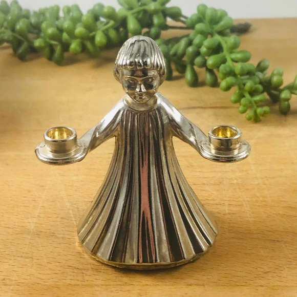 Silver Plate Italy Angel Candle Holder holds 2 Small Candles Over 3 Inches - Picture 1 of 6